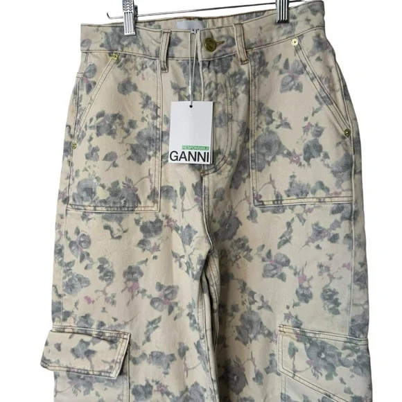 Ganni NEW Tofu Print Denim Angie Ivory Floral Wide Leg Cargo Denim Pant Size 30 - Picture 6 of 10